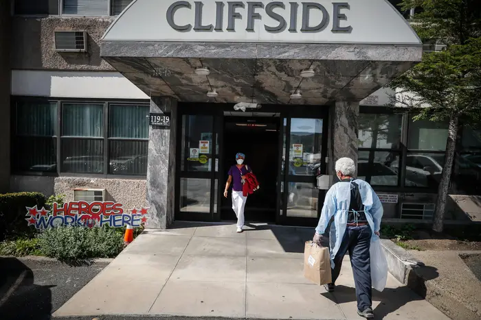 Workers make deliveries to Cliffside Nursing Home in Queens in May.